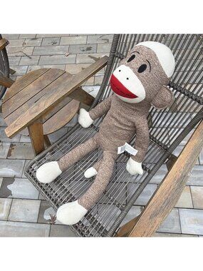 Jumbo Sock Monkey 36 in Stuffed Maxx Brown Beige Red Plush VGU Clean -A